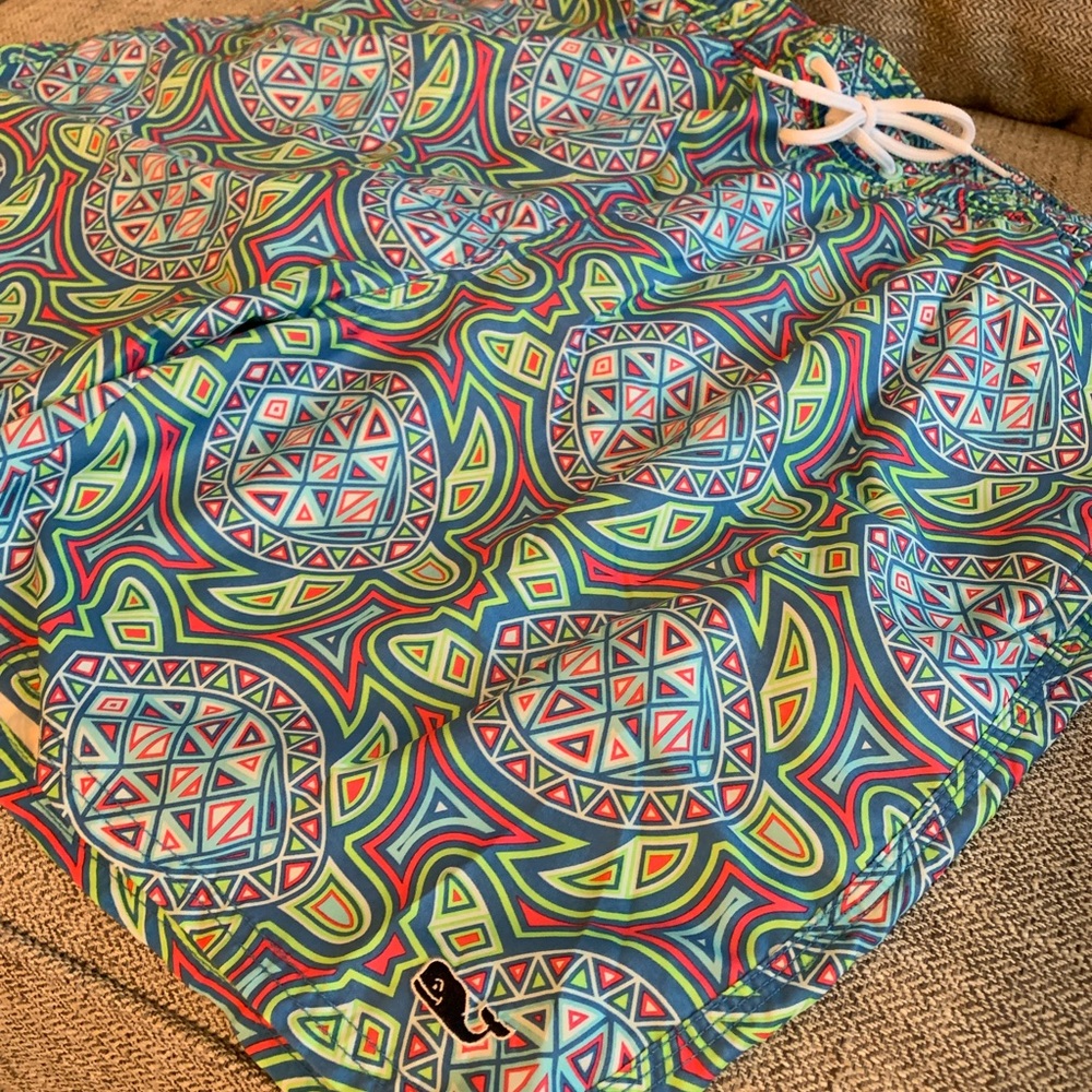 Vineyard Vines Men’s large swim trunks with a geometric turtle print